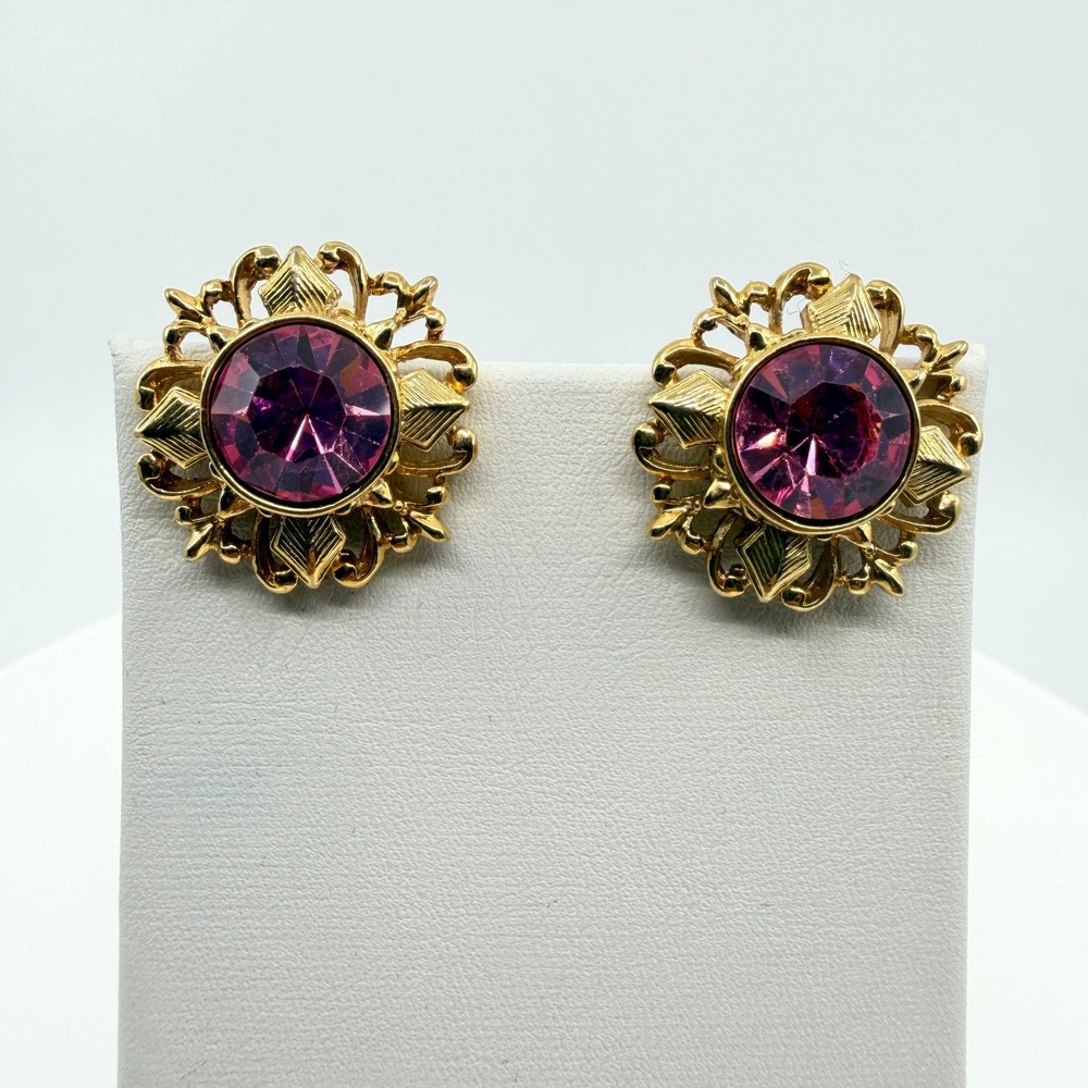VTG Gold Tone Floral Rhinestone Clip-On Earrings - Pink Purple Statement